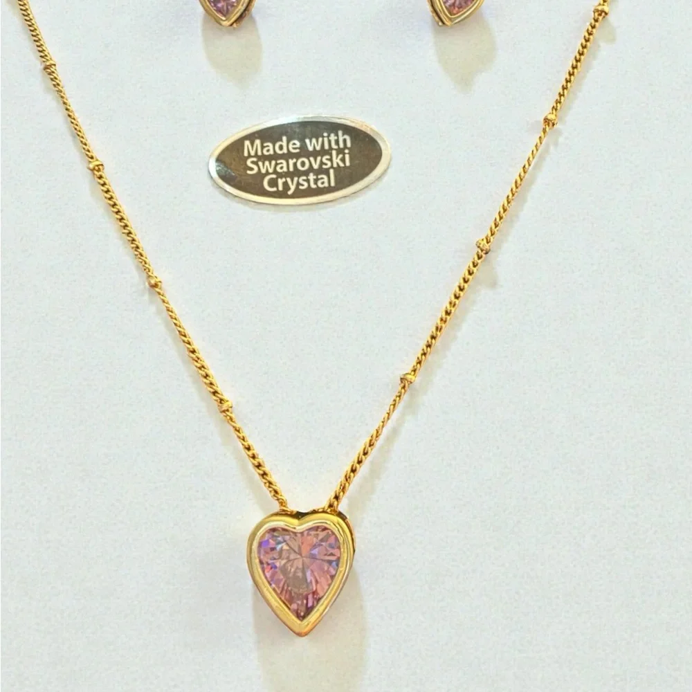 Swarovski Gold Necklace and Earrings Set with Lavender Heart Stones - Picture 3 of 4